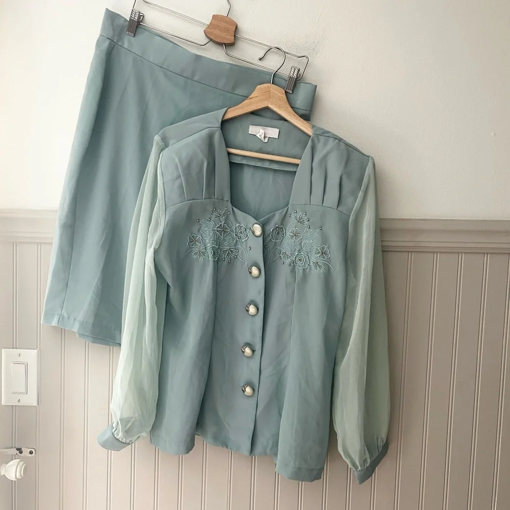 Vintage Caryel Light Blue Seafoam Blouse and Matching Skirt Set